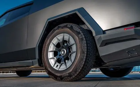 Satin Black Tesla Cybertruck on 20-Inch UP Forged UP-RW Wheels in Satin Black, Satin Gunmetal Ring