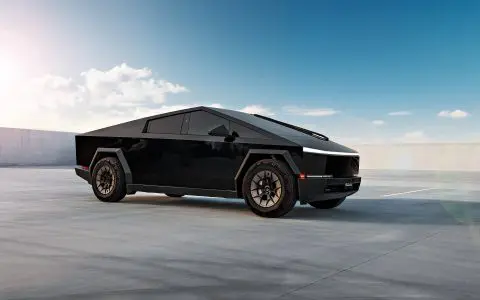 Gloss Black Tesla Cybertruck on 20-Inch UP Forged UP-RW Wheels in Satin Black, Satin Gunmetal Ring