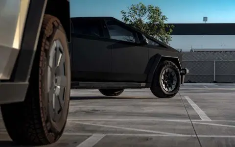 Satin Black Tesla Cybertruck on 20-Inch UP Forged UP-RW Wheels in Satin Black, Satin Gunmetal Ring