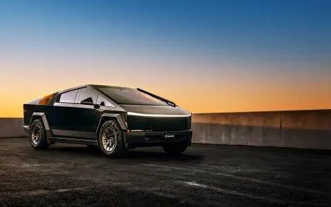 Gloss Black Tesla Cybertruck on 20-Inch UP Forged UP-RW Wheels in Satin Black, Satin Gunmetal Ring