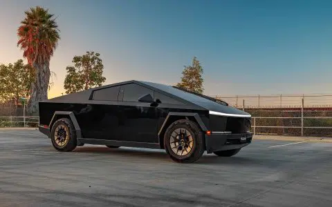 Gloss Black Tesla Cybertruck on 20-Inch UP Forged UP-RW Wheels in Satin Black, Satin Gunmetal Ring