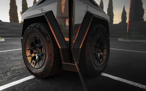 Gloss Black Tesla Cybertruck on 20-Inch UP Forged UP-RW Wheels in Satin Black, Satin Gunmetal Ring