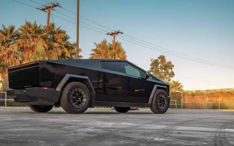 Gloss Black Tesla Cybertruck on 20-Inch UP Forged UP-RW Wheels in Satin Black, Satin Gunmetal Ring
