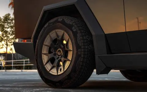 Gloss Black Tesla Cybertruck on 20-Inch UP Forged UP-RW Wheels in Satin Black, Satin Gunmetal Ring