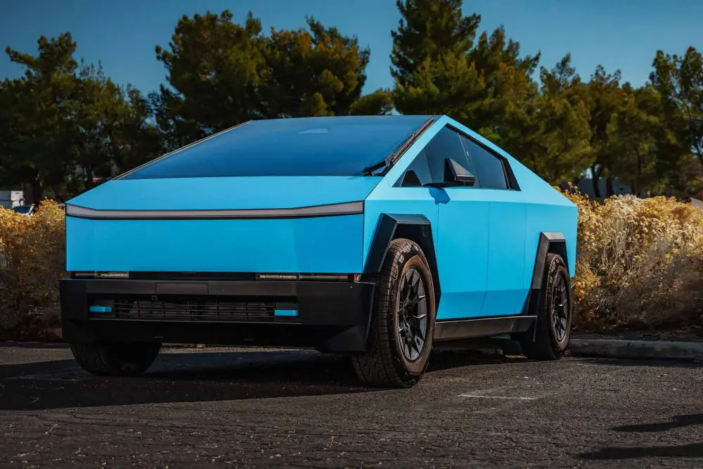 Satin Light Blue Tesla Cybertruck on 20-Inch UP Forged UP-RW Wheels in Satin Black, Satin Gunmetal Ring