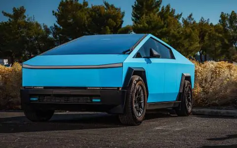 Satin Light Blue Tesla Cybertruck on 20-Inch UP Forged UP-RW Wheels in Satin Black, Satin Gunmetal Ring