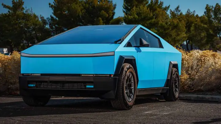 Satin Light Blue Tesla Cybertruck on 20-Inch UP Forged UP-RW Wheels in Satin Black, Satin Gunmetal Ring