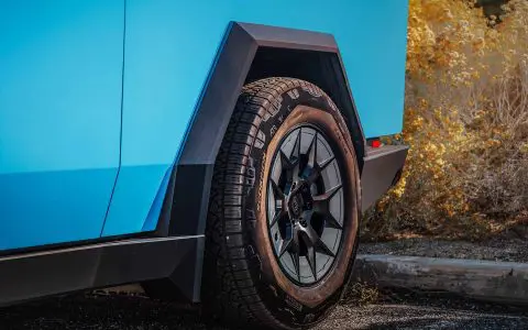 Satin Light Blue Tesla Cybertruck on 20-Inch UP Forged UP-RW Wheels in Satin Black, Satin Gunmetal Ring