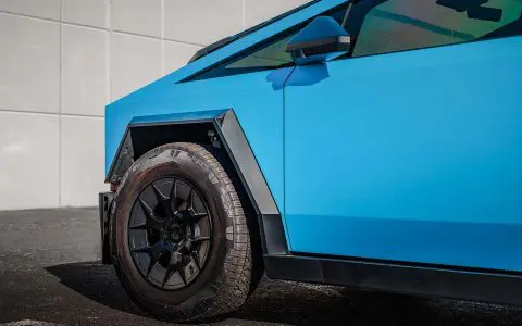 Satin Light Blue Tesla Cybertruck on 20-Inch UP Forged UP-RW Wheels in Satin Black, Satin Gunmetal Ring