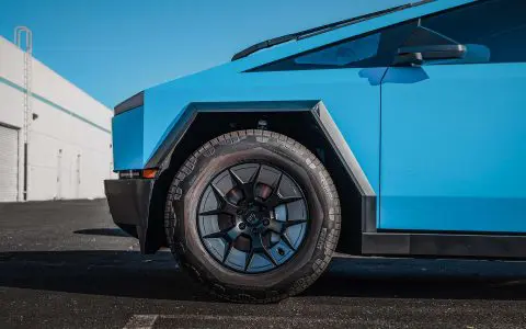 Satin Light Blue Tesla Cybertruck on 20-Inch UP Forged UP-RW Wheels in Satin Black, Satin Gunmetal Ring