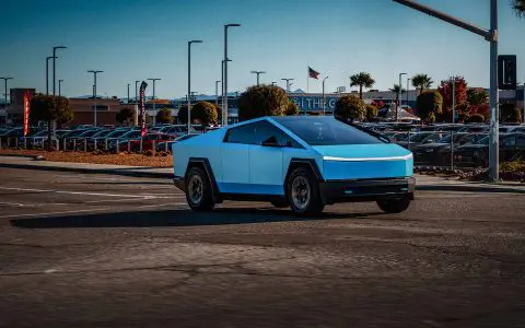 Satin Light Blue Tesla Cybertruck on 20-Inch UP Forged UP-RW Wheels in Satin Black, Satin Gunmetal Ring