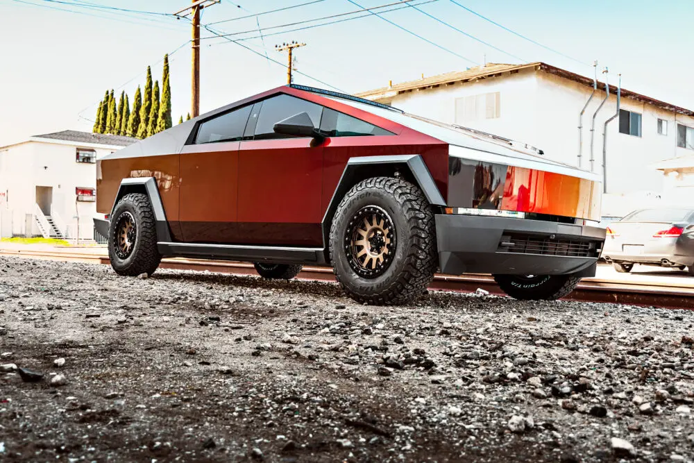 Dark Red Tesla Cybertruck on 18-Inch UP Forged UP-03 Beadlock Wheels