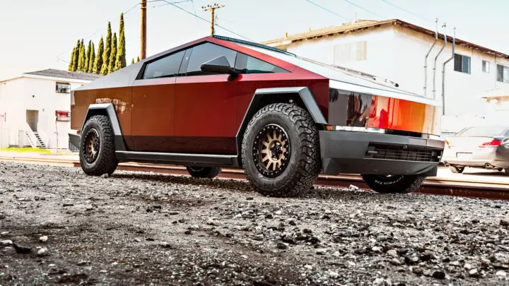 Dark Red Tesla Cybertruck on 18-Inch UP Forged UP-03 Beadlock Wheels