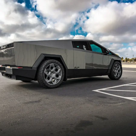 Close-up of Tesla Cybertruck’s Satin Titanium 24-inch CYBRHEX Forged Wheels – Magnesium Grey Wrap