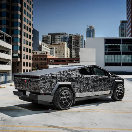 Unplugged Performance - Digital Camo Wrapped Tesla Cybertruck - UP CYBRHEX Forged Offroad wheels 1