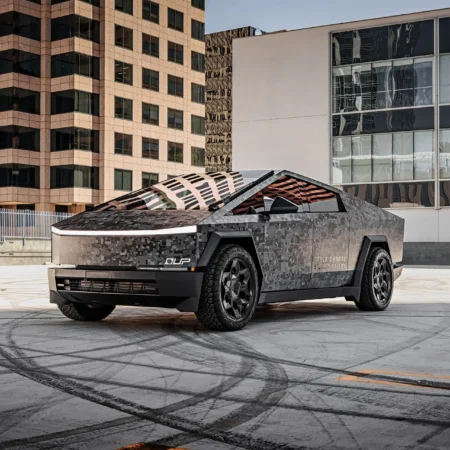 Unplugged Performance - Digital Camo Wrapped Tesla Cybertruck - UP CYBRHEX Forged Offroad wheels 3