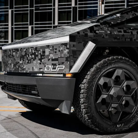 Unplugged Performance - Digital Camo Wrapped Tesla Cybertruck - UP CYBRHEX Forged Offroad wheels 4