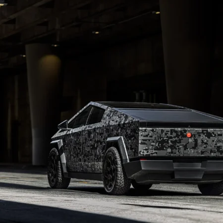Unplugged Performance - Digital Camo Wrapped Tesla Cybertruck - UP CYBRHEX Forged Offroad wheels 5