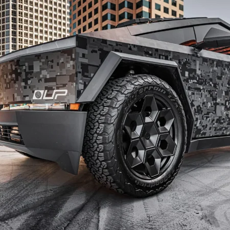 Unplugged Performance - Digital Camo Wrapped Tesla Cybertruck - UP CYBRHEX Forged Offroad wheels 6