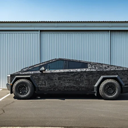 Digital Camo Wrapped Tesla Cybertruck - UP-03 Beadlock Forged Wheels Image 2