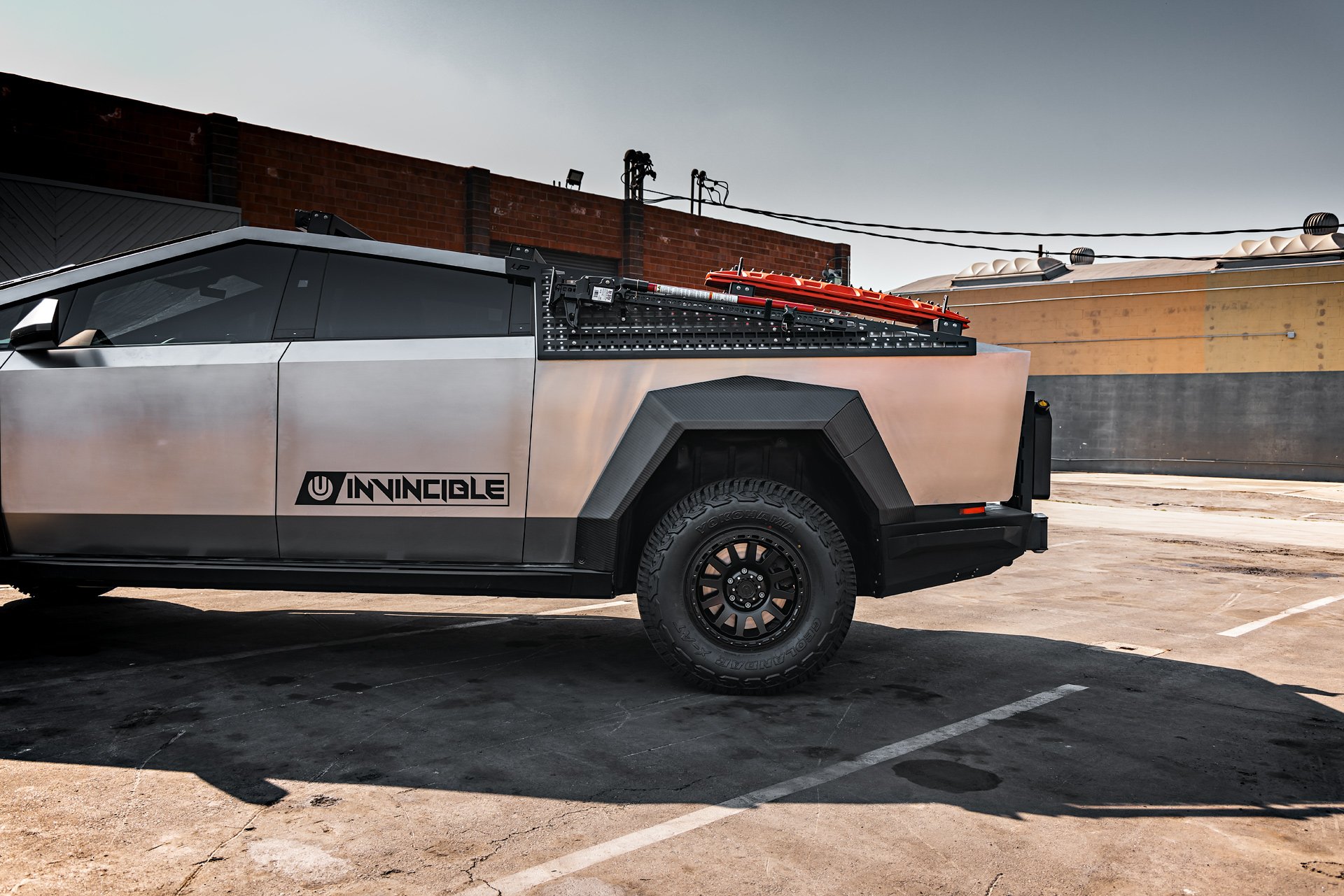 INVINCIBLE Cybertruck with Steel Bumpers and Carbon Fiber Hood and Fenders on UP-03 Forged Beadlock Wheels