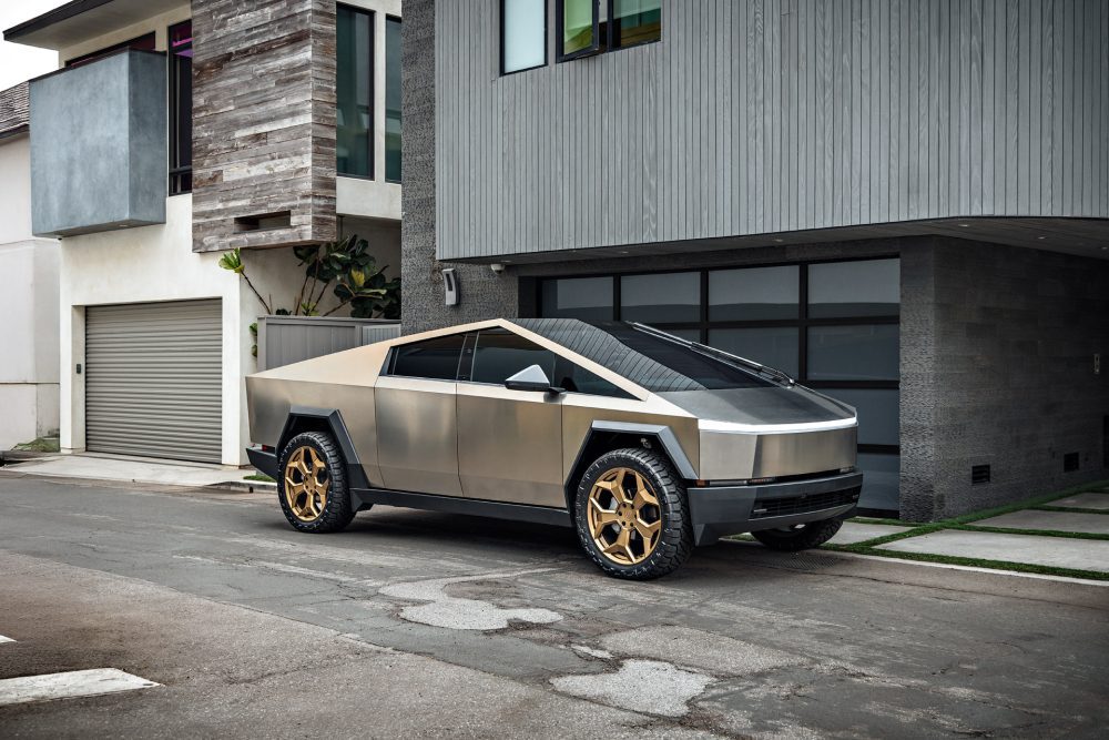 Stainless Steel Tesla Cybertruck on 24-Inch UP Forged CYBRSPOKE in Satin Bronze